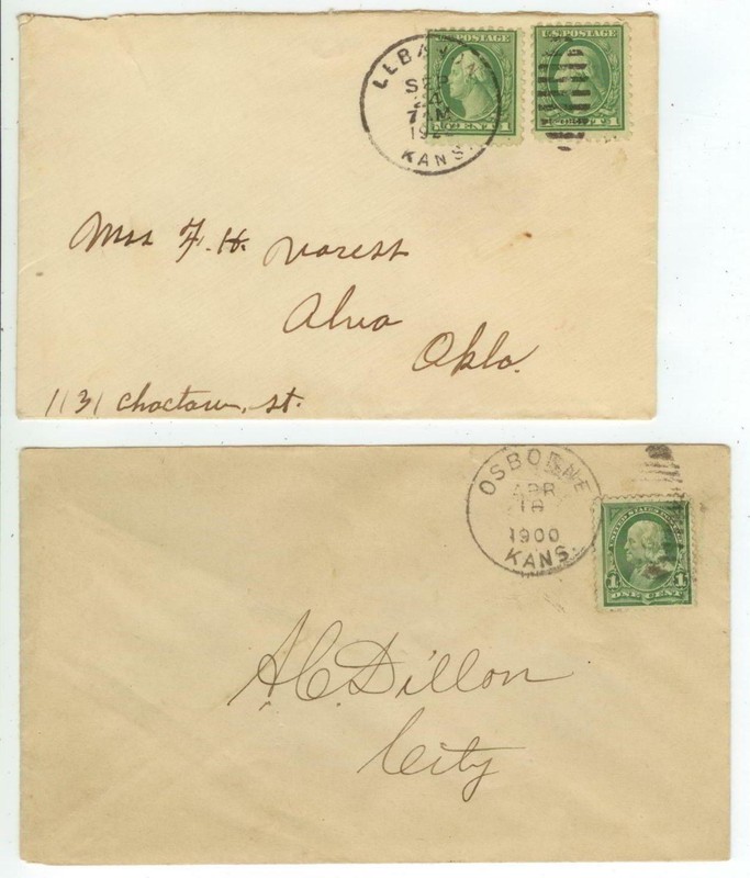 Kansas covers - 1900 Osborne 1ct drop rate - 1922 Lebanon Sc 543 perf 10 x 2