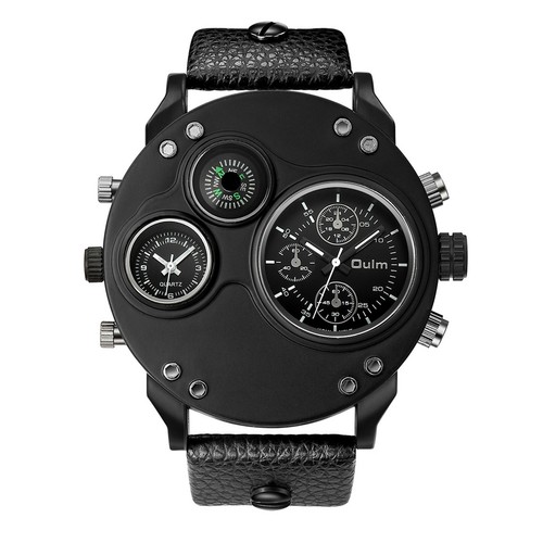 Herren Sport Zwei Zeitzonen Uhr Rund Großes Zifferblatt Lederband Quarz Armbanduhr - Bild 2 von 20
