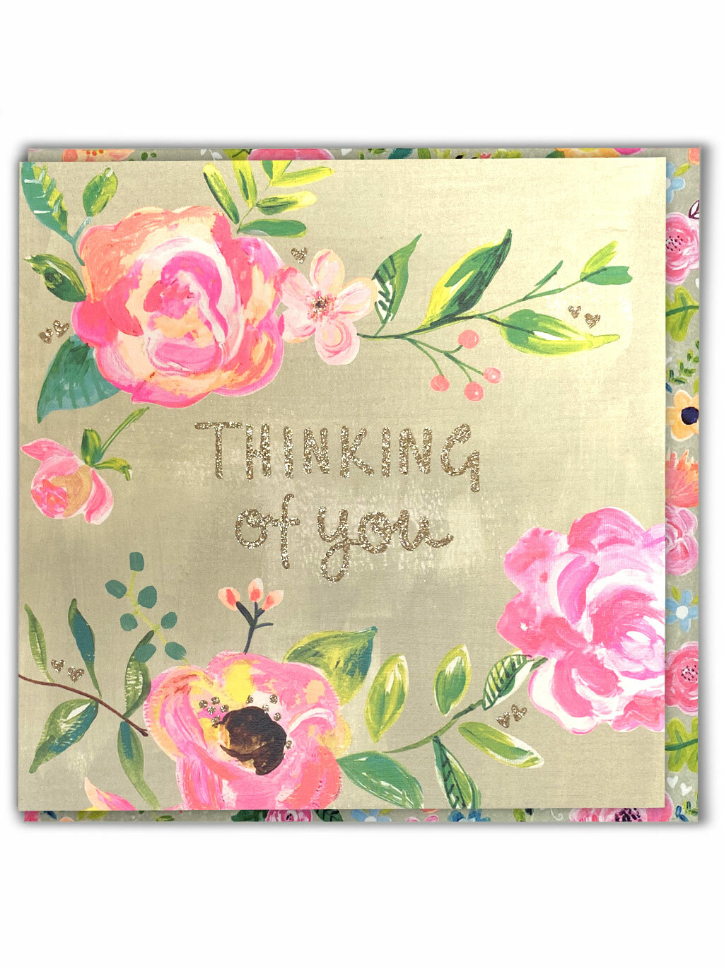 Thinking Of You Greetings Card Pink Floral Sympathy Gold Glitter Foil Flower