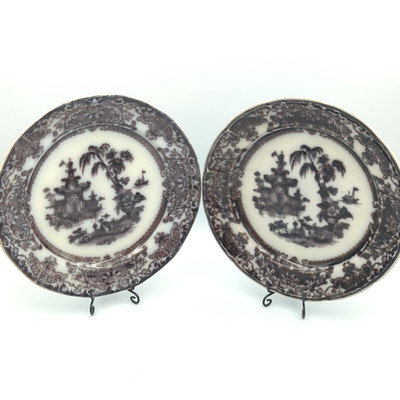 2 Antique Podmore Walker Corean Mulberry Transferware Dinner Plates 10  1840's