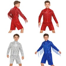 Boys Outfit Themed Party Dance Jazz Dance Set Front Boys Fringe Trim Jackets