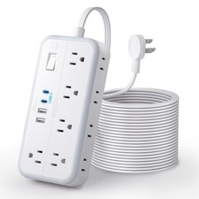 Surge Protector Power Strip 25 ft Flat Cord 10 Outlets 4 USB 2700J White
