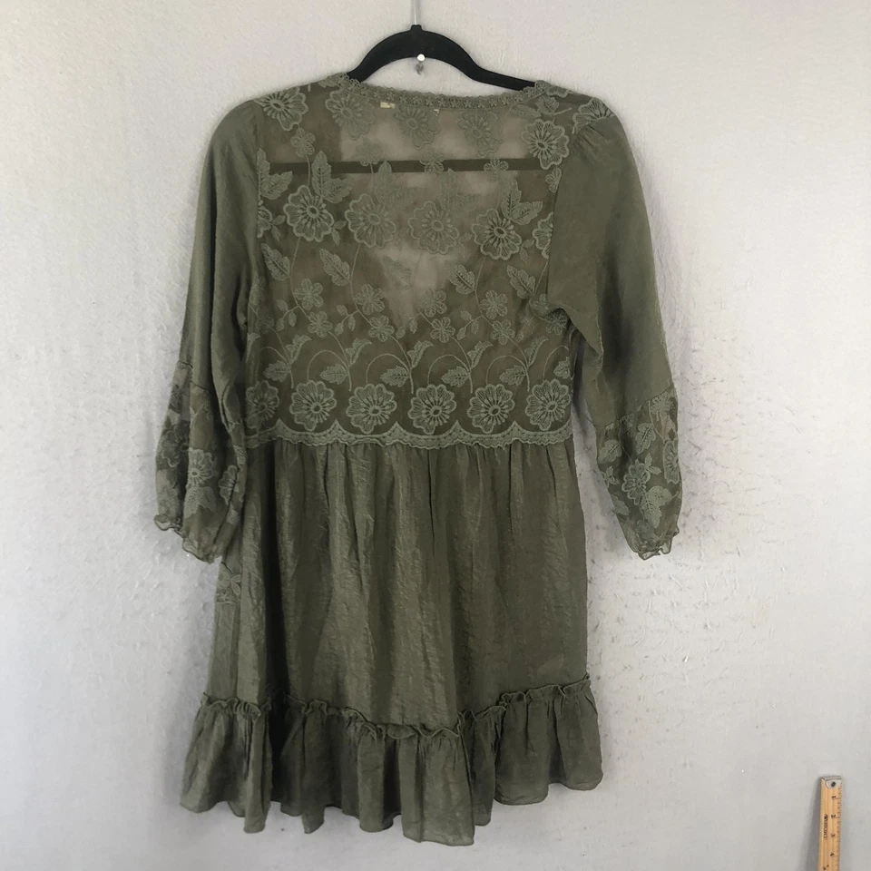 Hazel Dress Womens Medium Olive Green Sheer Lace Boho Ruffle Fairy Feminine Foto 2 de 4
