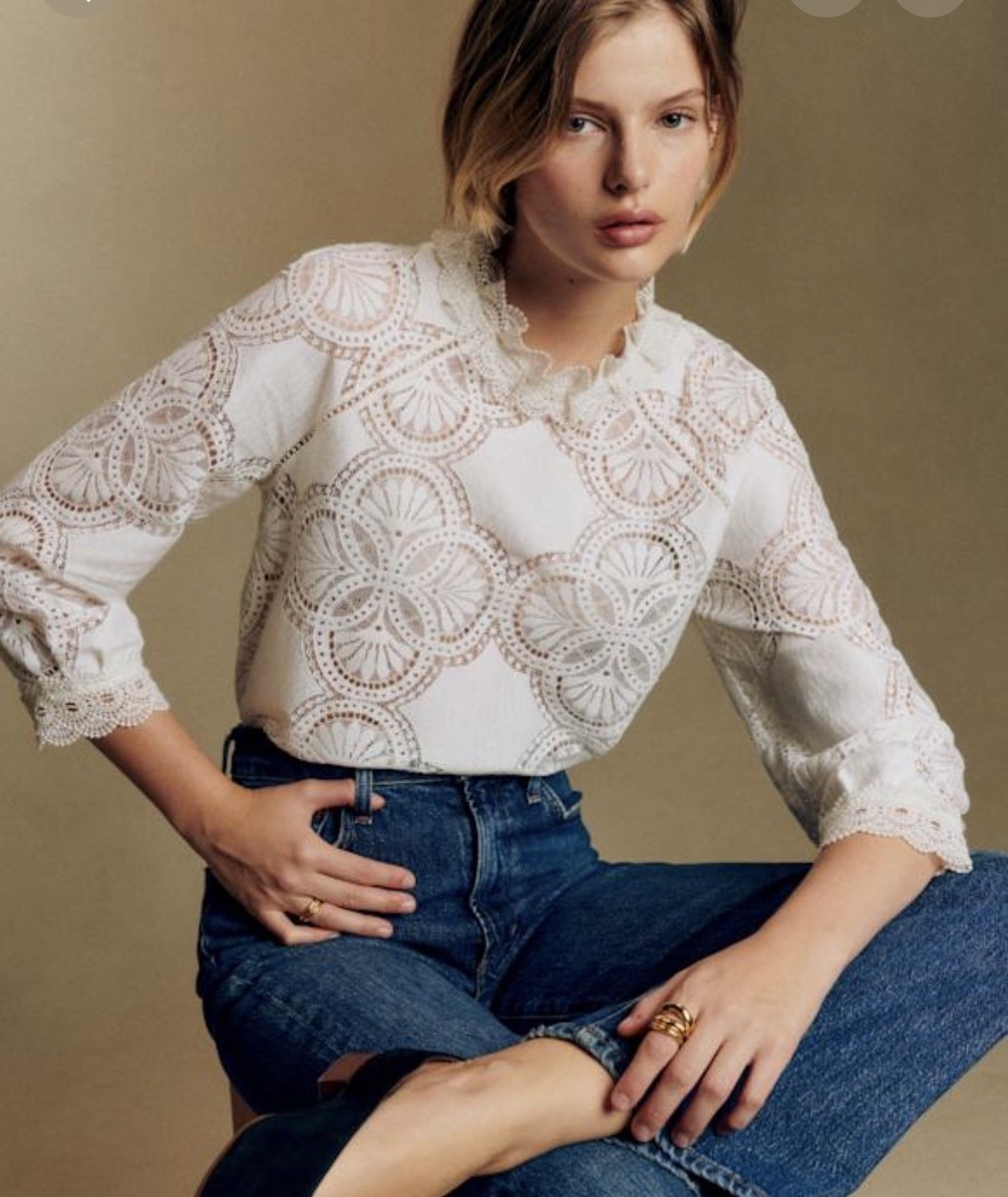 Sezane Bianca blouseセザンヌのレースブラウス 36 M Sezane Bianca Top Blouse Ecru Guipure Lace Size FR 36/UK8, new