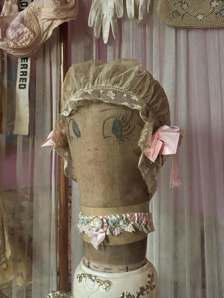 Antique Lace & Silk Ribbon Bed Cap, Blush Pink & Ivory 22” - Image 3 of 4