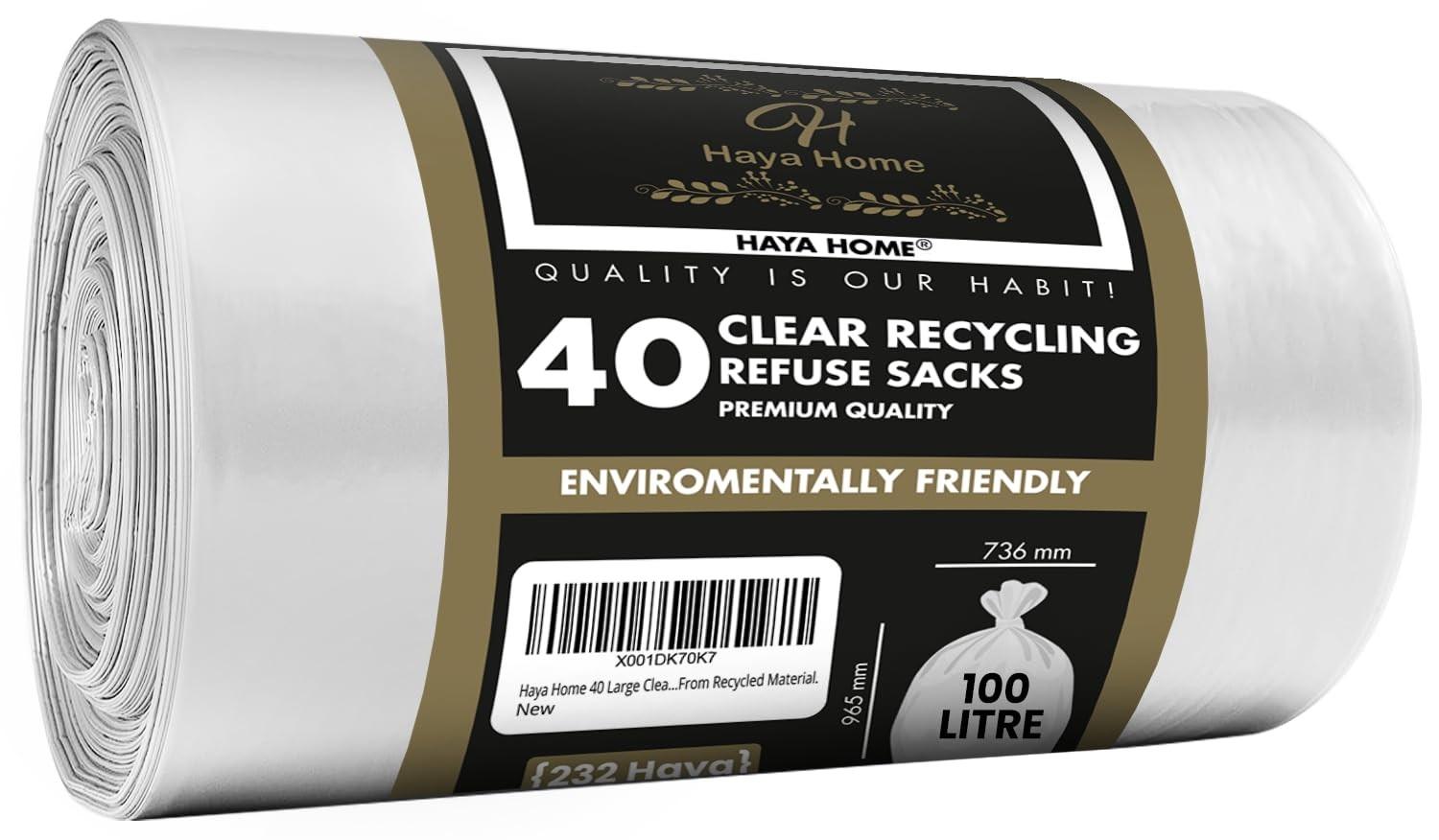 Haya Home 100L 40 Large Clear recycling 1 count (Pack of 40), Transparent