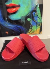 Versace Men's Deep Red "Greca" Print Embossed Pool Slide Flip Flops Shoes 44 IT