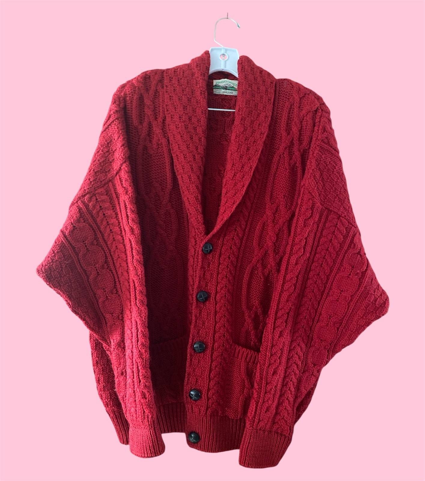 ARAN CRAFTS Red Cardigan Sweater Womens XXL CABLE-KNIT MERINO WOOL Cottagecore