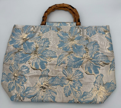 Brand New Floral Brocade Top Handle Handbag Blue Gold Metallic Tote Bamboo Arch