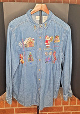 VTG 90s Bobbie Brooks Women's L Blue Denim Button-Up Christmas Shirt Embroidered