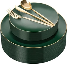 150Pcs Green Plastic Plates with Gold Rim,Green Disposable Plates Set include