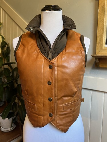 Schott, Vintage Schott NYC Leather & Down Vest Cognac Olive Quilted Western women’s XS