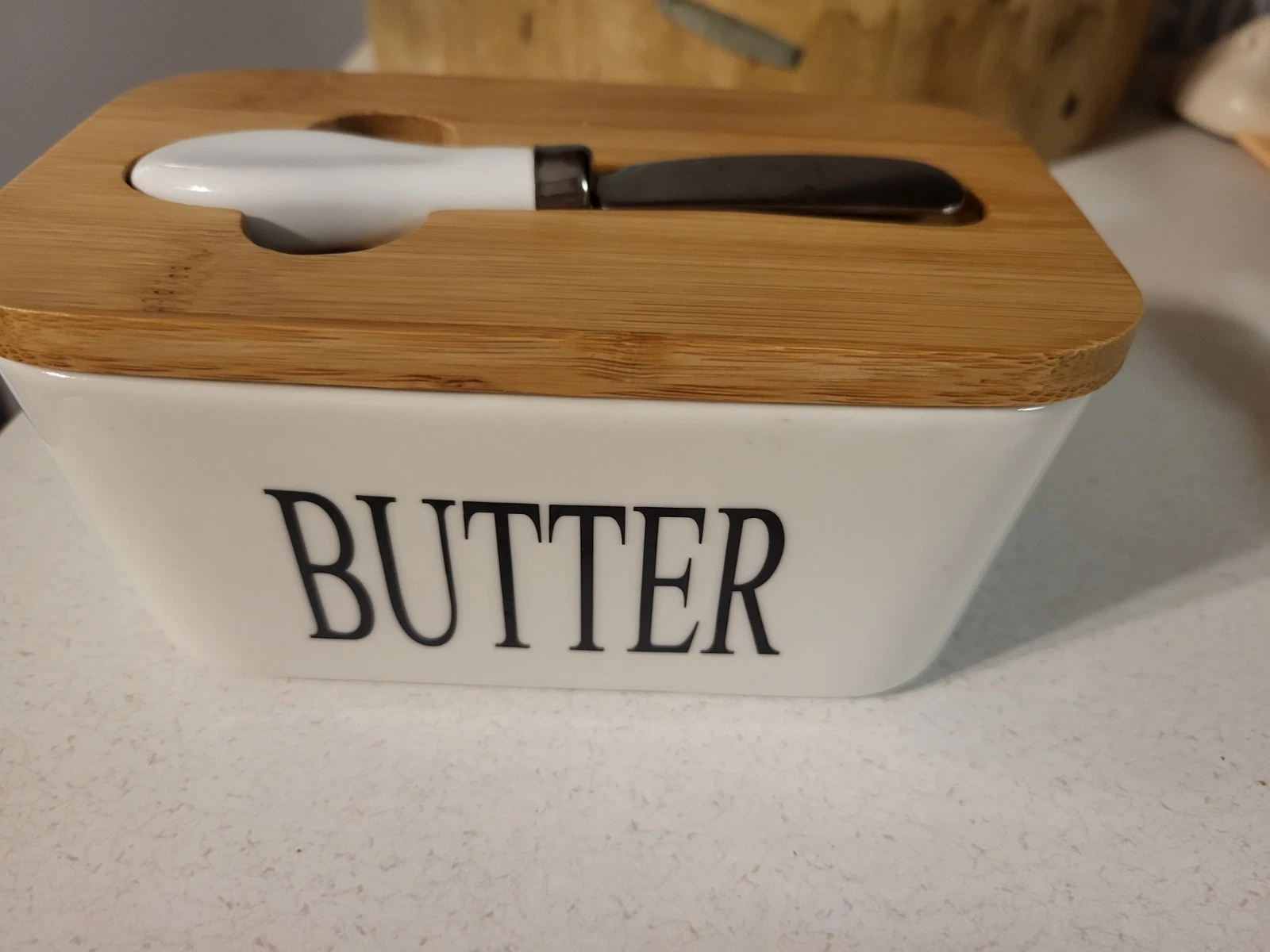Farm House Butter Set. Ceramic Butter Dish and Butter Knife with Wood Lid. Used