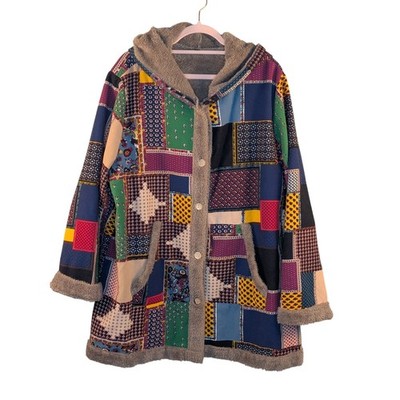 Patchwork Hooded Coat Women's 5XL Fleece Lined Boho Jacket Hippie Cottagecore