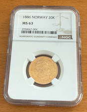 Norway 1886 Gold 20 Kroner NGC MS63 Oscar II