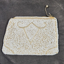 Vintage White Seed Bead Coin Purse Wristlet Handbag 1930's-1950's Style 3 x 5