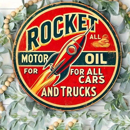 Vintage Rocket Engine Oil Tin Metal Signs Home Décor 8x12 Retro Garage with Red