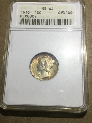 1916 10C Mercury Dime ANACS MS 63 - Soap Box Holder