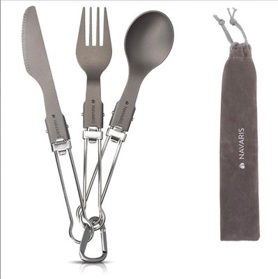 3126 Navaris Titanium Folding Utensil Set - Fork Knife Spoon Foldable Metal Silv