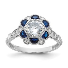 Sterling Silver Cubic Zirconia and Lab Created Blue Sapphire Flower Ring Size 7