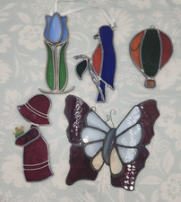 Lot of vintage Bird butterfly flower girl stained glass 5" window suncatcher