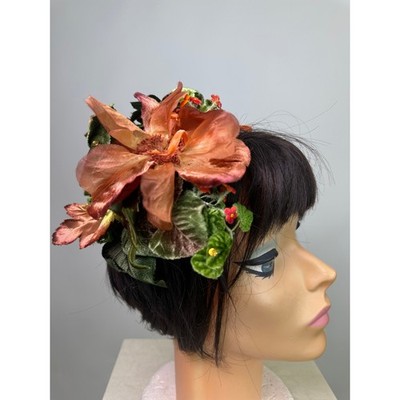 Vintage 1950s Mary Sachs Floral Tea Party Hat Burnt Orange Green Velvet Leaves