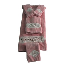 Vintage Five Pc Bathworks Pink Towel Lace Accents GUC USA Made