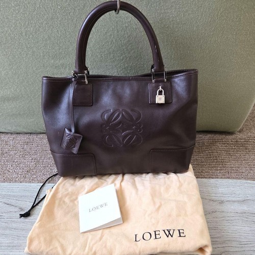 Auth LOEWE Amazona Fusta Tote Bag Dark Brown Leather Padlock Key Vintage Rare