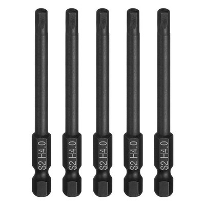 5pcs Flat Hex Screwdriver Bit H4.0 Magnetic Tip 1/4'' Shank 3'' Long Black