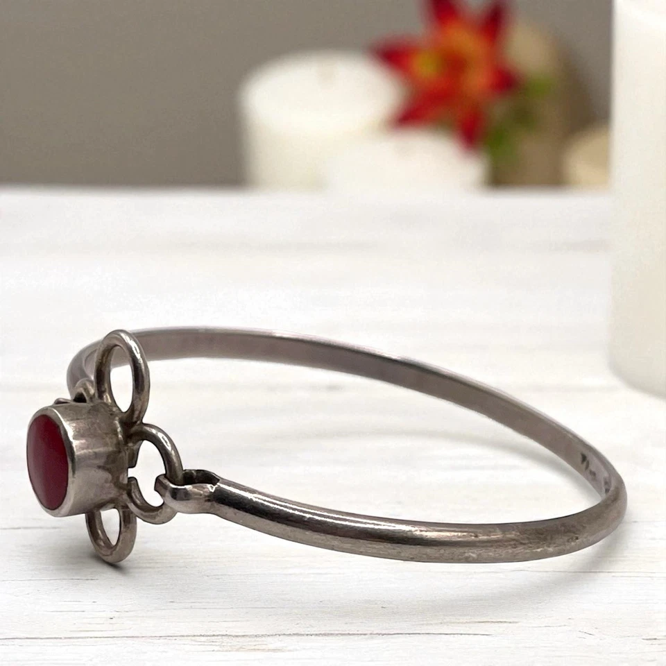 Brazalete Brazalete Taxco Natural Coral Rojo Flor Remolino 925 Esterlina Bisagras, 7" Foto 4 de 4