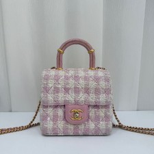 Auth Chanel Pink White Tweed Mini Top Handle Flap Bag Quilted Shoulder Crossbody