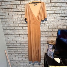 Merokeety Womens XL Velvet Wrap Maxi Dress V-Neck Short Sleeve Gold Camel Formal