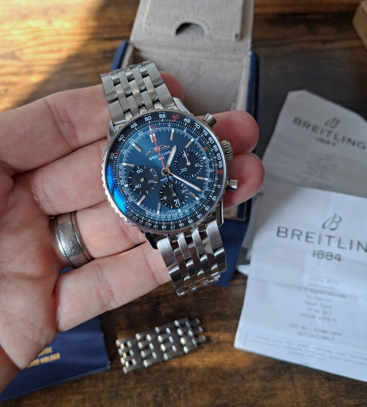 Breitling Navitimer B01 41mm AB0139 Blue Dial Chrono Date Steel Bracelet Box