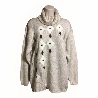 VINTAGE Women UK 12 M Vtg Beige Roll Neck Jumper Sweater Pullover Argyle Warm 