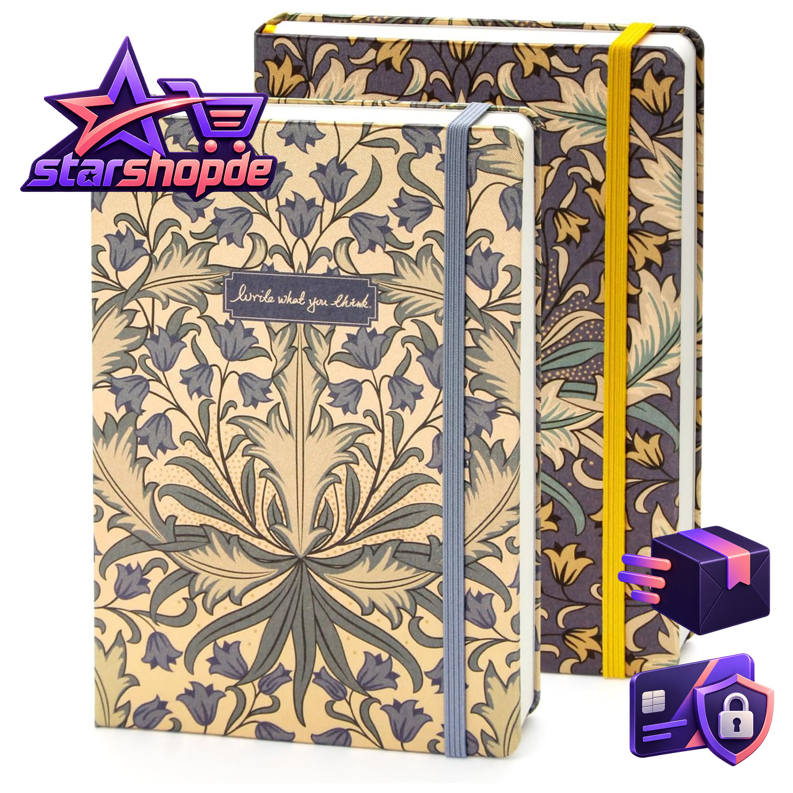 Notizbuch Hardcover Gefüttert Blumen Design 212 Seiten mit Rückentasche Büro