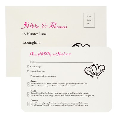Personalisierte RSVP/Menükarten Hochzeit + Retourenumschläge - verschiedene Farben