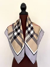 New Burberry Scarf Beige House Classic Check Haymarket Gray Border Silk Wrap