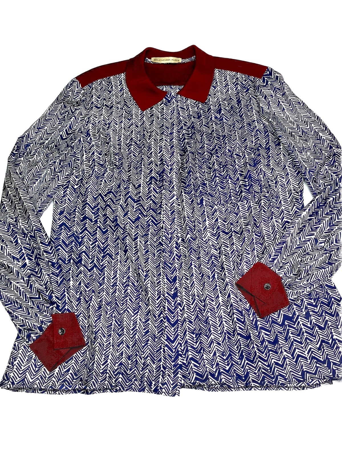 Balenciaga Womens Blue Chevron Brown Collar Long Sleeve Button Down Shirt Sz 38