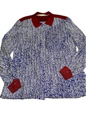 Balenciaga Womens Blue Chevron Brown Collar Long Sleeve Button Down Shirt Sz 38