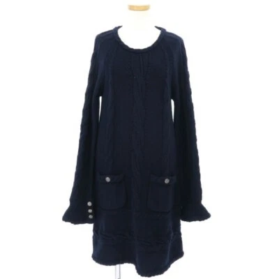 CHANEL Robe Tricot À Manches Longues Femme Taille 38 Bleu Marine Laine Cachemire - Photo 1/4