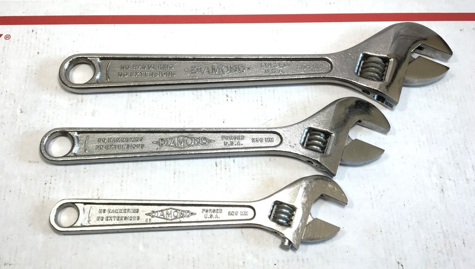 Vintage Diamond Adjustable Wrenches Made in USA Nice 12" 10" 8