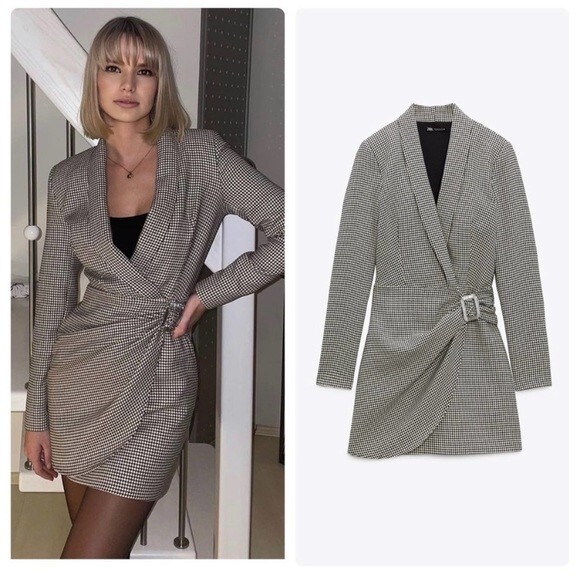 ZARA HOUNDSTOOTH PRINT WRAP STYLE BLAZER DRESS WITH BUCKLE