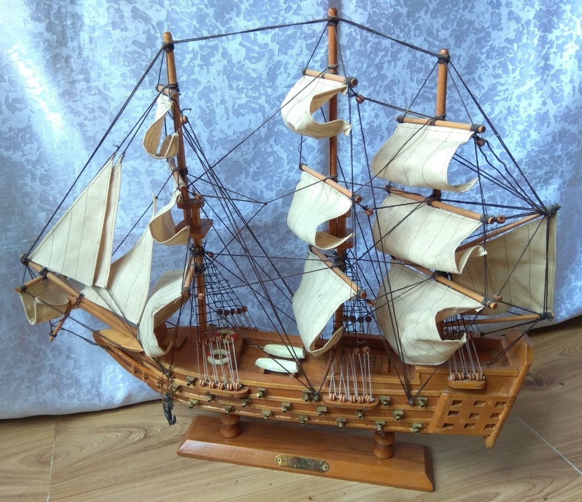 Vintage Decorative hand made wooden model SHIP natural materials 