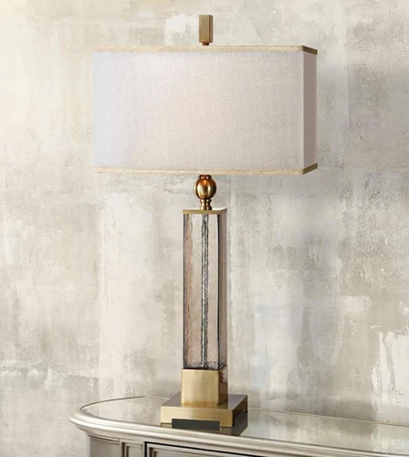 Horchow  Elegant  Glass & Brass Table Lamp Square Shade Transitional Coastal - Picture 1 of 2