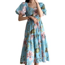 Women Floral Square Neck Tea Dress High Waist Puff Short Sleeve Summer Beach New