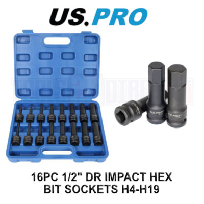 US PRO TOOLS 16 Stck. 1/2'' DR Schlagsechskant-Bit-Steckdosen H4 - H19 3998
