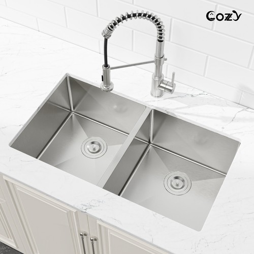 COZY Stainless Steel Kitchen Sink, 33" Double Bowl Brush Nickel Undermount - Picture 4 of 11