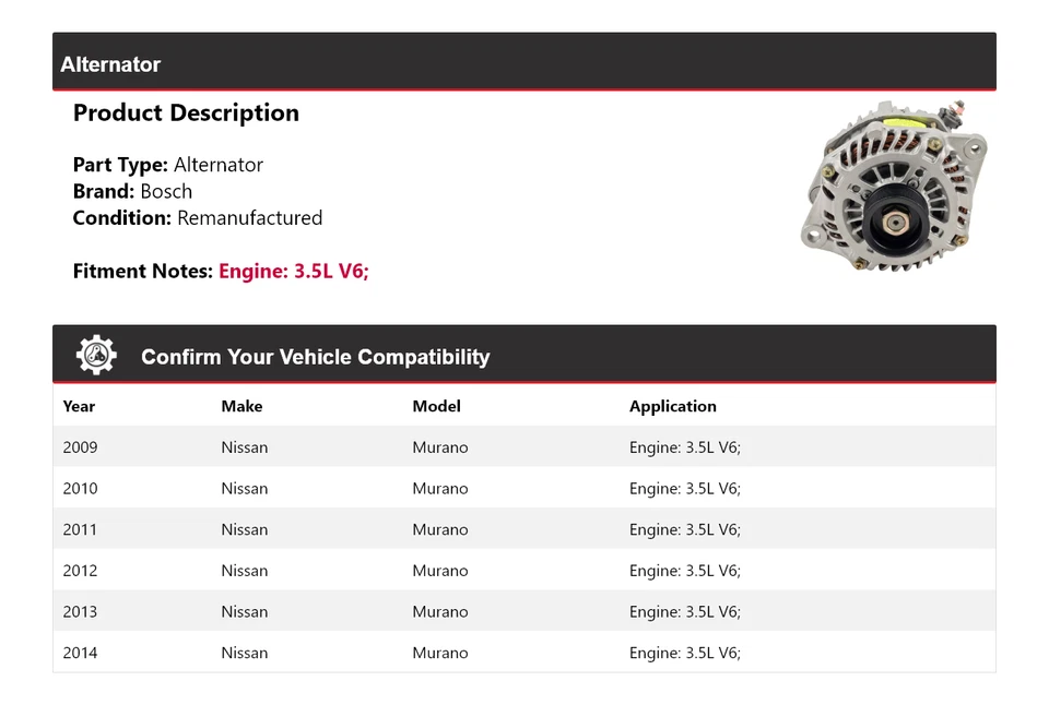 Генератор переменного тока (восстановленный) для Nissan Murano 3,5 л V6 Bosch 2009-2014 годов выпуска 2010 2011 годов выпуска - Изображение 2 из 4