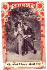 Cheer-up Oh,What I know about you!Postcard Smiling Daisies Edwardian Couple