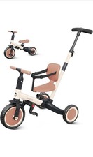 NEWYOO 5-in-1 Convertible Push Tricycle for Kids, Beige/Brown, Adjustable Seat